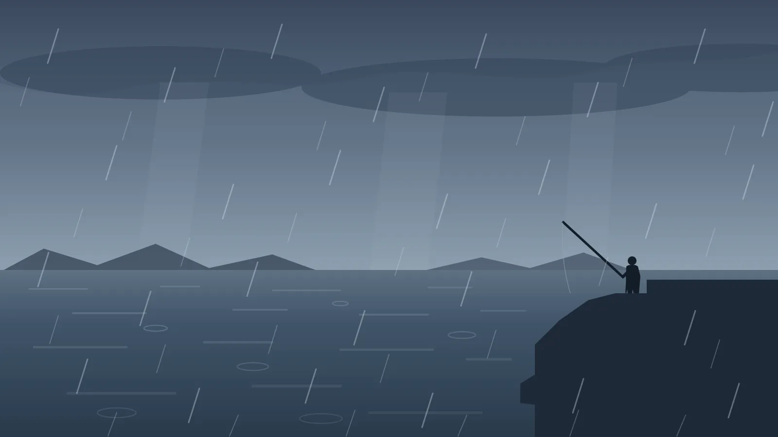 雨の海。灰色の空から雨が降る中、堤防の先でレインウェアを着て釣りをする人のシルエット