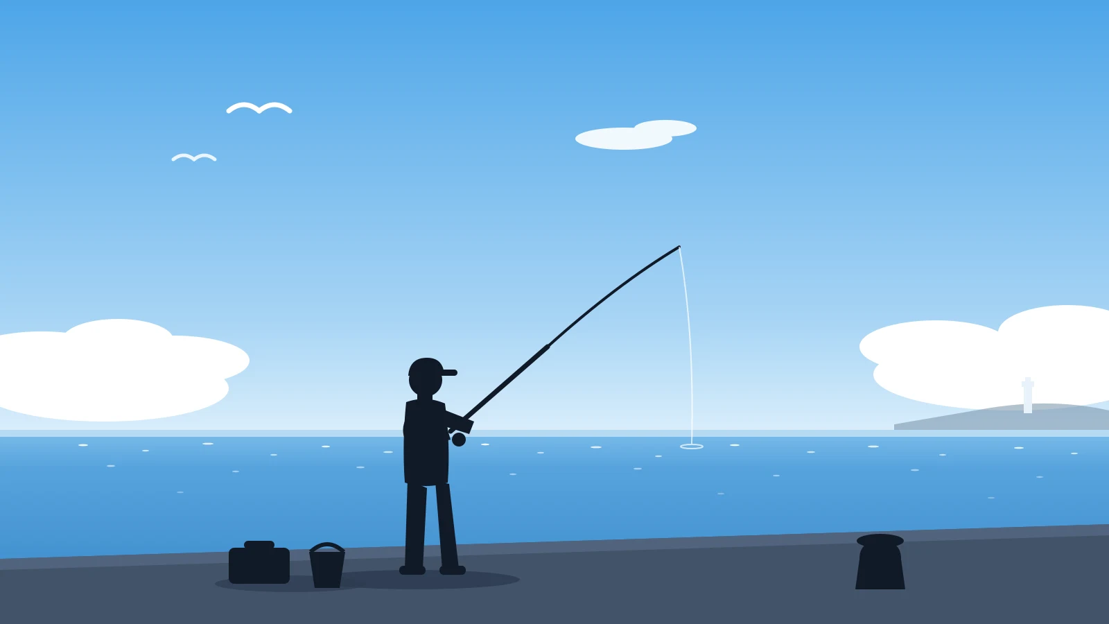 晴れた日の堤防で釣り竿とバケツ・クーラーボックスを用意して釣りを始める初心者のシルエット